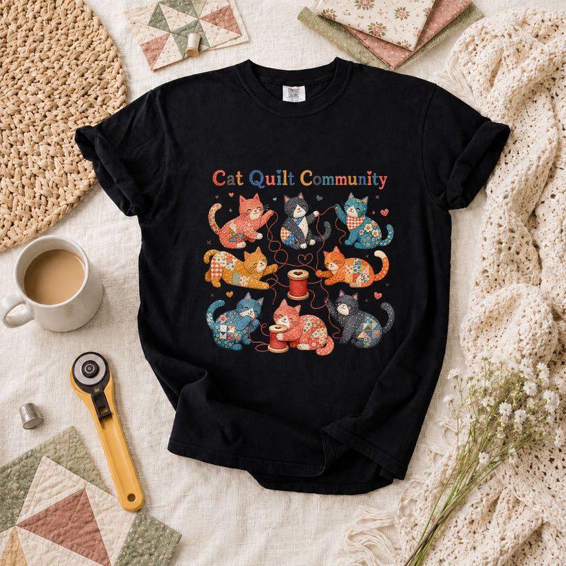 Cat Quilt Community Kittens Fabric T-Shirt - Black