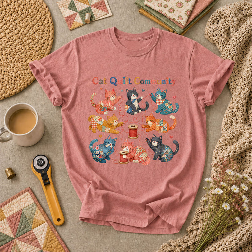 Cat Quilt Community Kittens Fabric T-Shirt - Heather Mauve