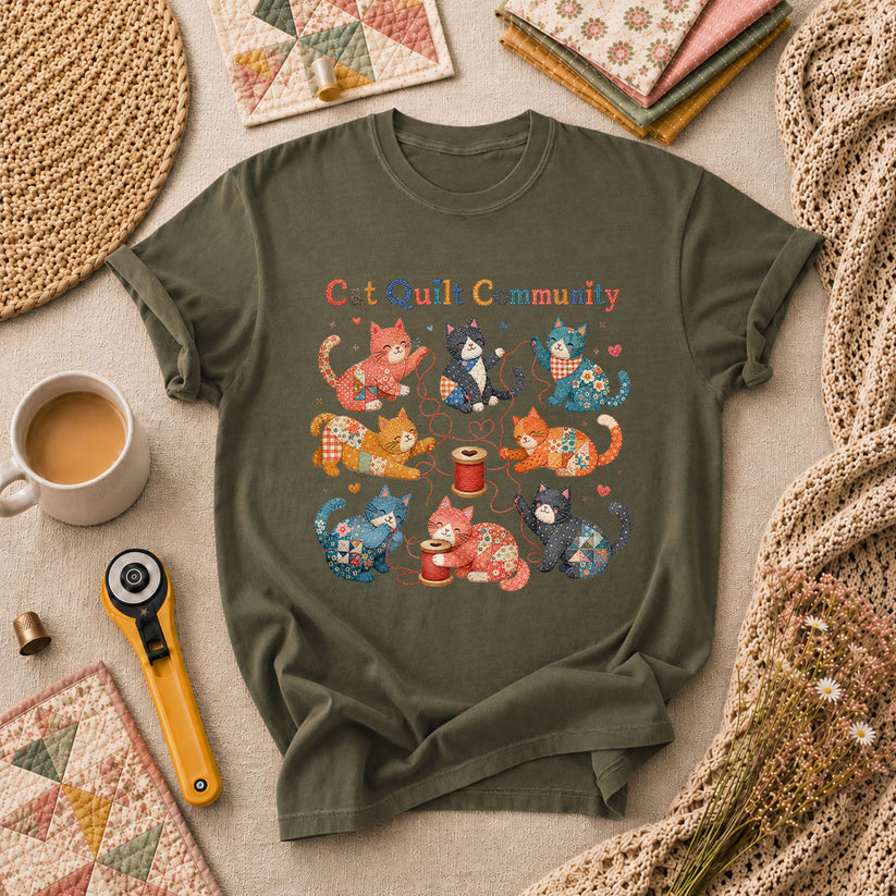 Cat Quilt Community Kittens Fabric T-Shirt - Military Green