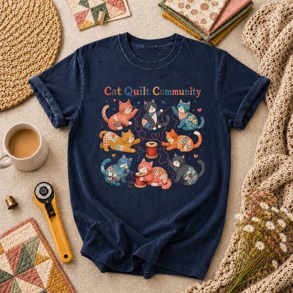 Cat Quilt Community Kittens Fabric T-Shirt - Navy