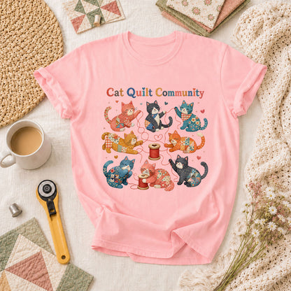 Cat Quilt Community Kittens Fabric T-Shirt - Pink
