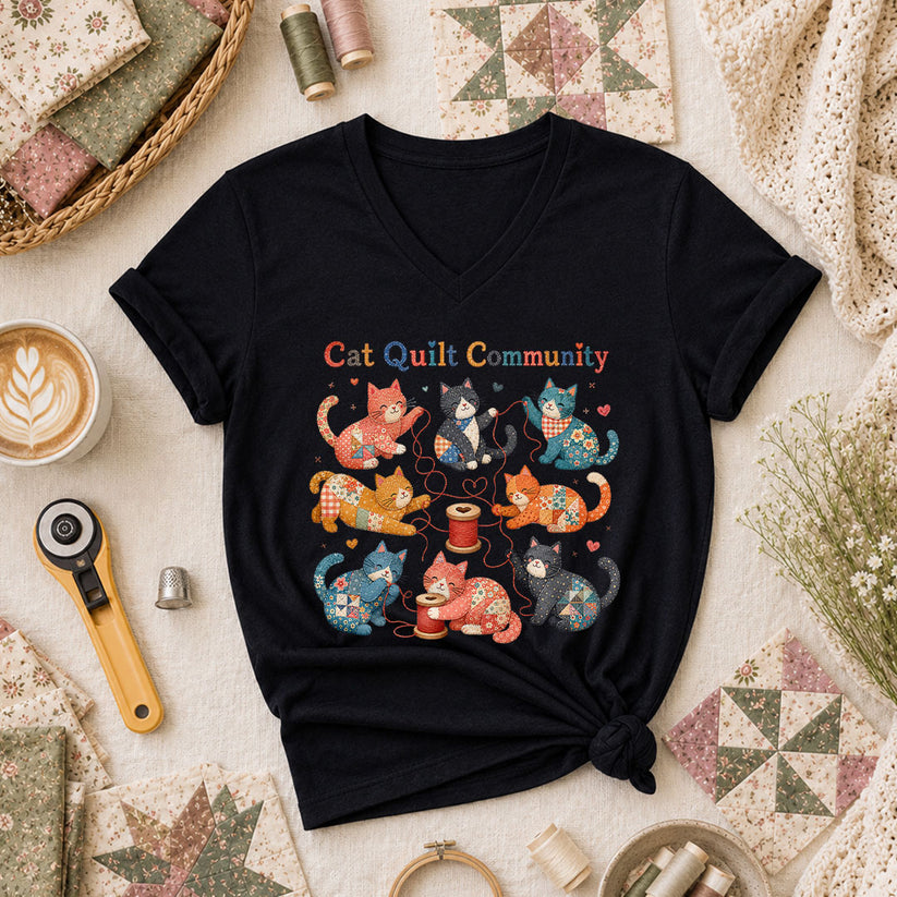 Cat Quilt Community Kittens Fabric Women's V-Neck - Black