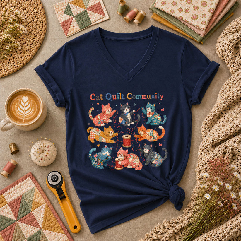 Cat Quilt Community Kittens Fabric Women's V-Neck - Navy