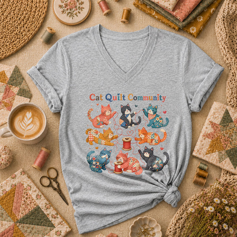 Cat Quilt Community Kittens Fabric Women's V-Neck - Sport Grey