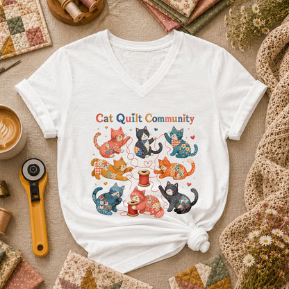 Cat Quilt Community Kittens Fabric Women's V-Neck - White