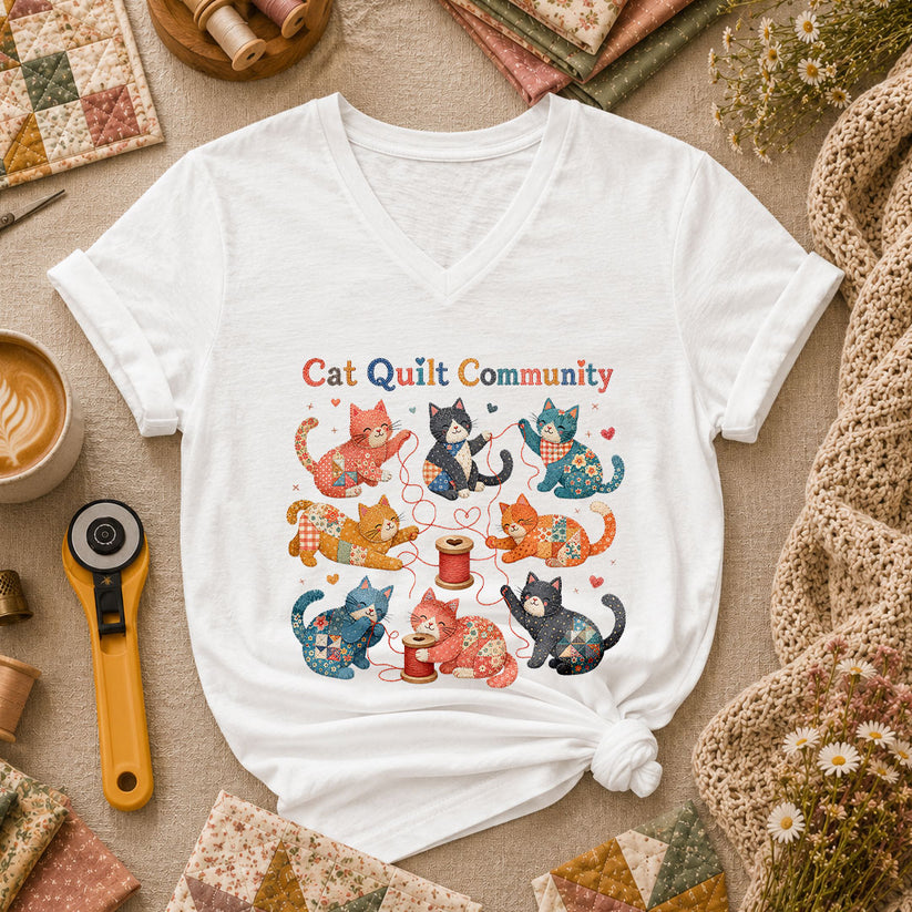 Cat Quilt Community Kittens Fabric Women's V-Neck - White