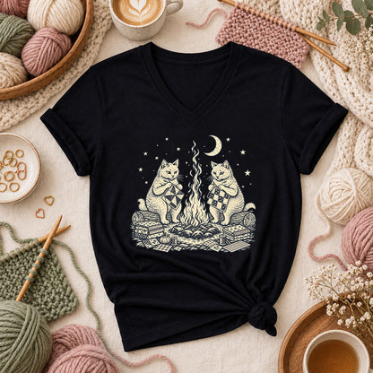 Cats Quilting By Campfire Women's V-Neck - Black