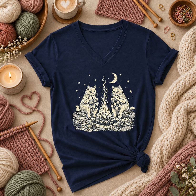 Cats Quilting By Campfire Women's V-Neck - Navy