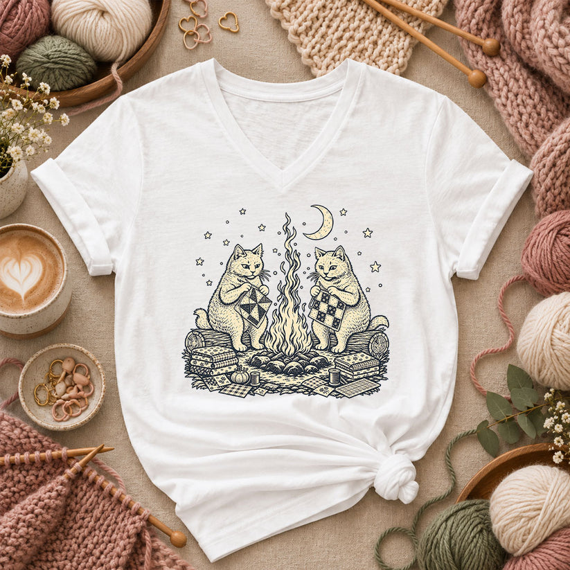 Cats Quilting By Campfire Women's V-Neck - White