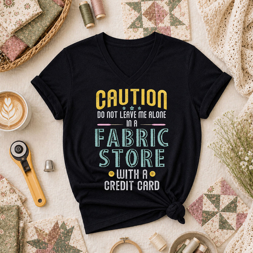 Caution Do Not Leave Me Alone In A Fabric Store With A Credit Card Women's V-Neck - Black