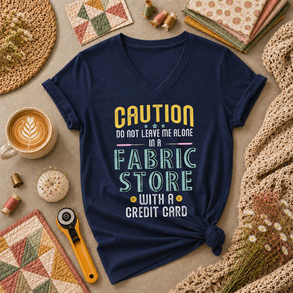 Caution Do Not Leave Me Alone In A Fabric Store With A Credit Card Women's V-Neck - Navy