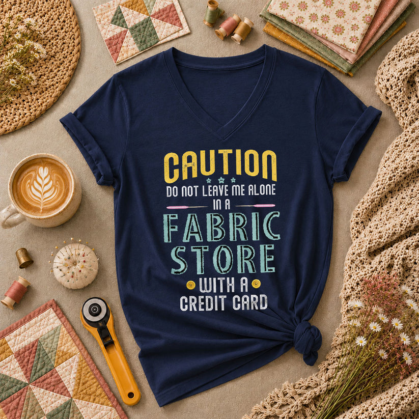 Caution Do Not Leave Me Alone In A Fabric Store With A Credit Card Women's V-Neck - Navy