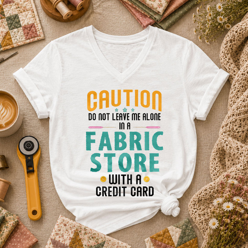 Caution Do Not Leave Me Alone In A Fabric Store With A Credit Card Women's V-Neck - White