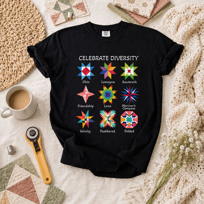 Celebrate Diversity Quilt Blocks Star Chart T-Shirt - Black