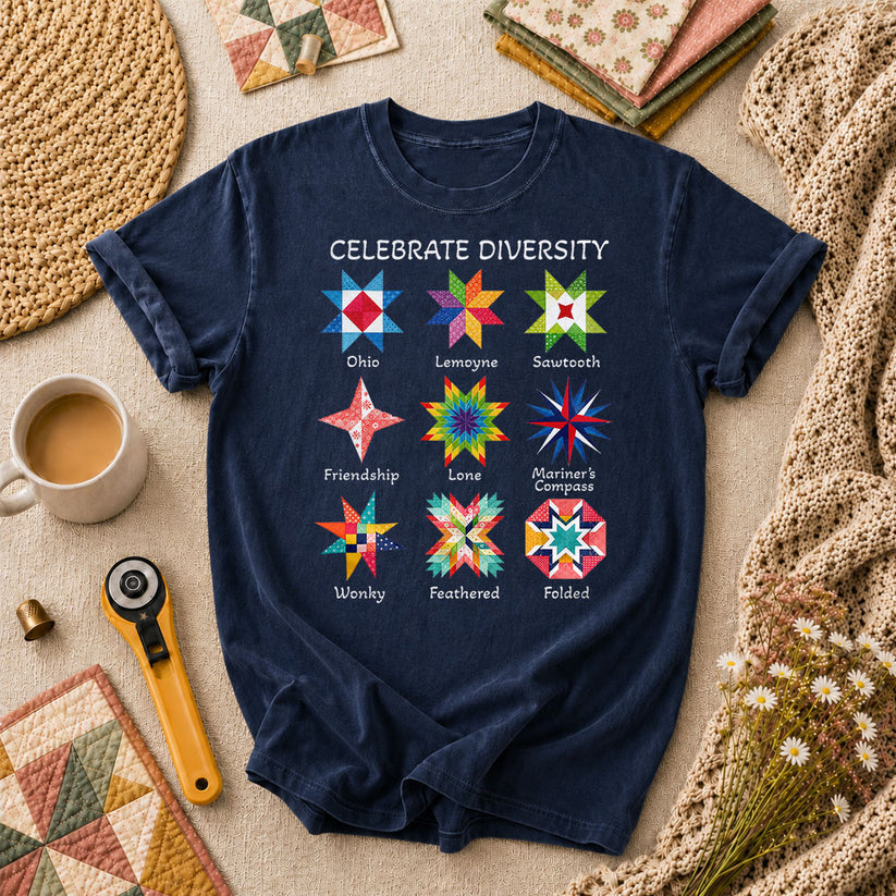 Celebrate Diversity Quilt Blocks Star Chart T-Shirt - Navy