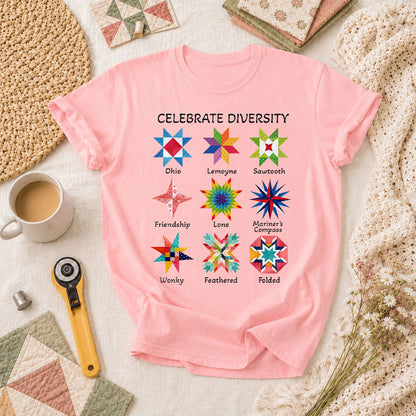 Celebrate Diversity Quilt Blocks Star Chart T-Shirt - Pink