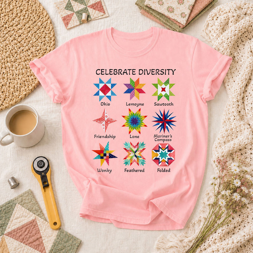 Celebrate Diversity Quilt Blocks Star Chart T-Shirt - Pink