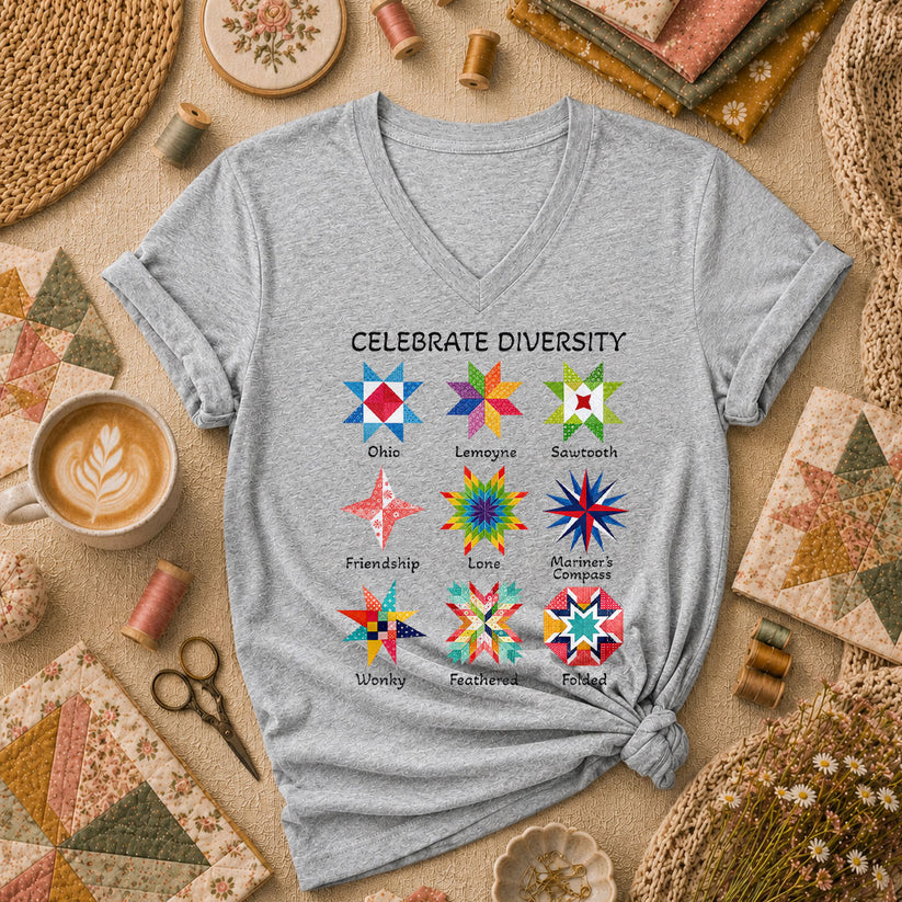 Celebrate Diversity Quilt Blocks Star Chart Women's V-Neck - Athletic Heather