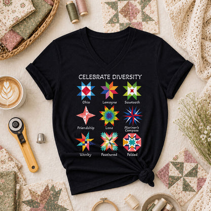 Celebrate Diversity Quilt Blocks Star Chart Women's V-Neck - Black