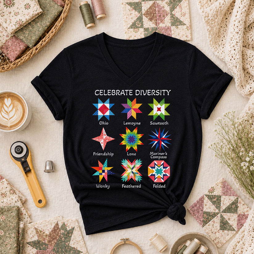 Celebrate Diversity Quilt Blocks Star Chart Women's V-Neck - Black