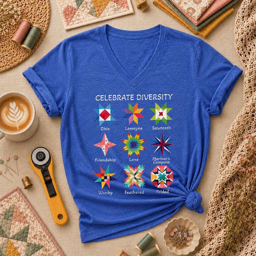 Celebrate Diversity Quilt Blocks Star Chart Women's V-Neck - Heather True Royal