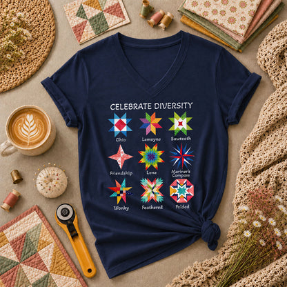 Celebrate Diversity Quilt Blocks Star Chart Women's V-Neck - Navy