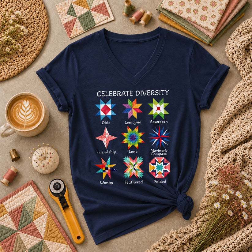 Celebrate Diversity Quilt Blocks Star Chart Women's V-Neck - Navy