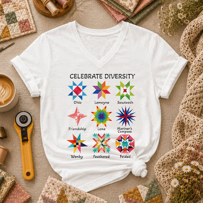 Celebrate Diversity Quilt Blocks Star Chart Women's V-Neck - White