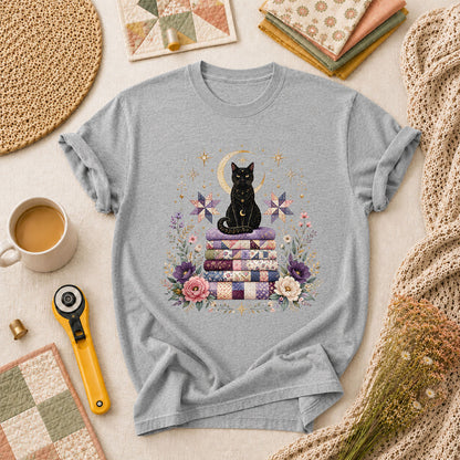 Celestial Black Cat On Quilt Stack Moon T-Shirt - Athletic Heather