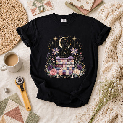 Celestial Black Cat On Quilt Stack Moon T-Shirt - Black