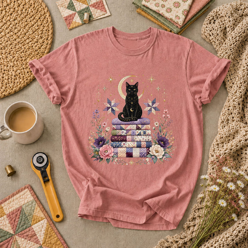 Celestial Black Cat On Quilt Stack Moon T-Shirt - Heather Mauve