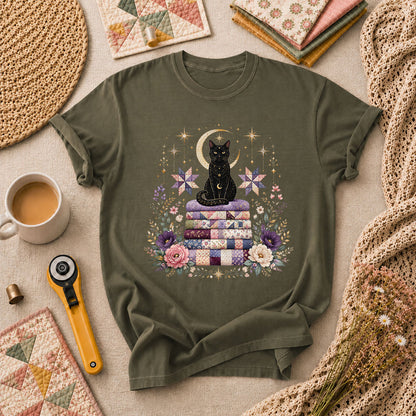 Celestial Black Cat On Quilt Stack Moon T-Shirt - Military Green