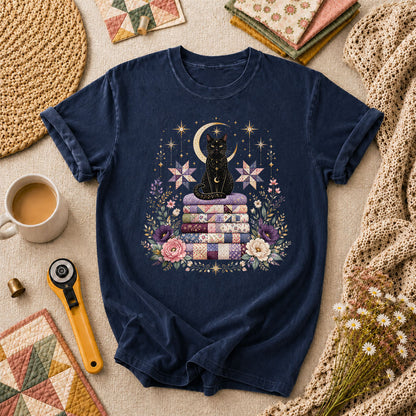 Celestial Black Cat On Quilt Stack Moon T-Shirt - Navy