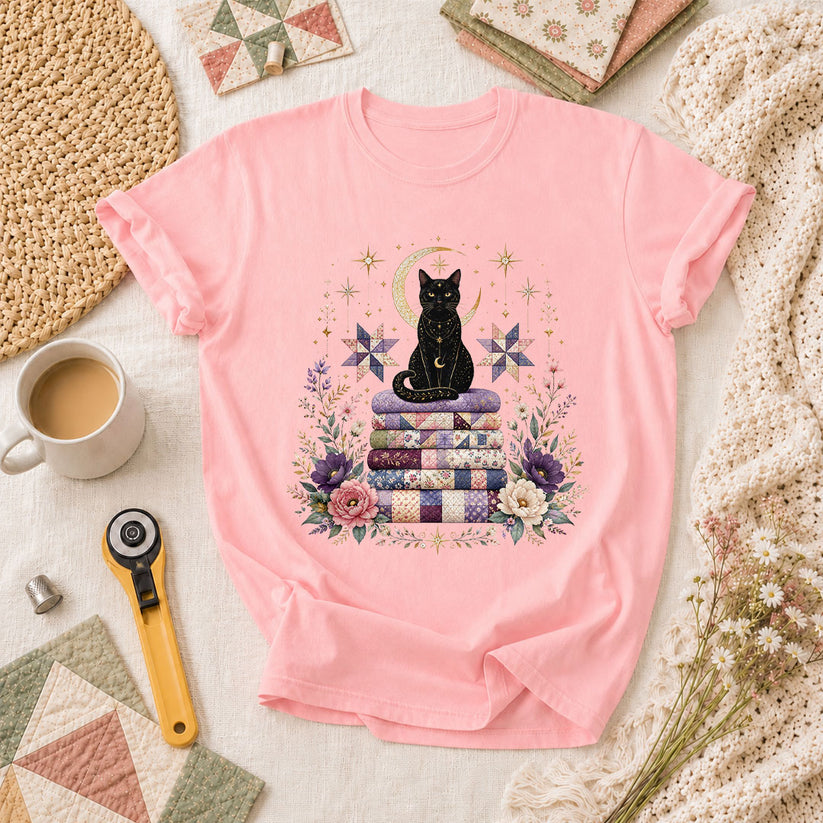 Celestial Black Cat On Quilt Stack Moon T-Shirt - Pink
