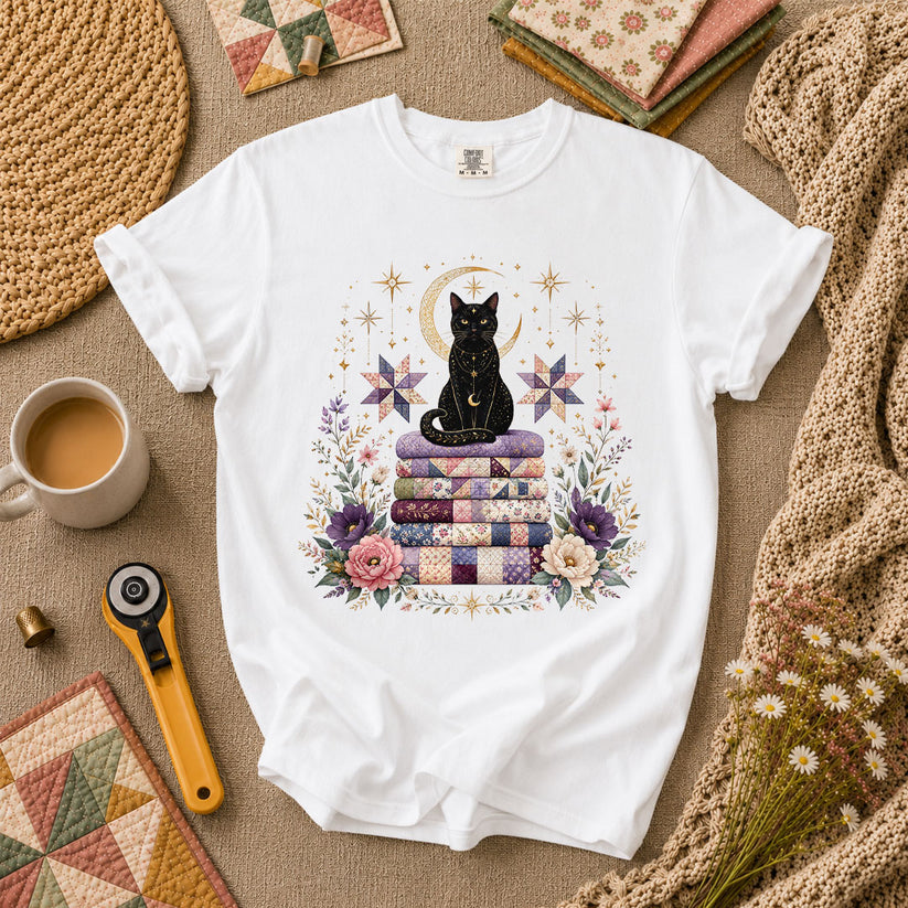 Celestial Black Cat On Quilt Stack Moon T-Shirt - White