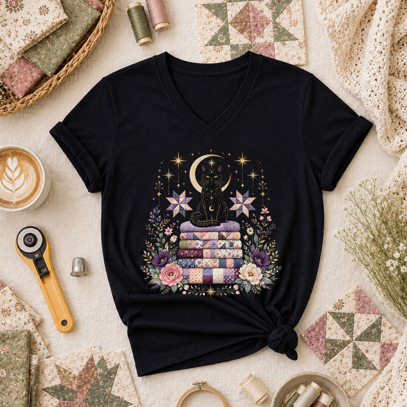 Celestial Black Cat On Quilt Stack Moon Women's V-Neck - Black