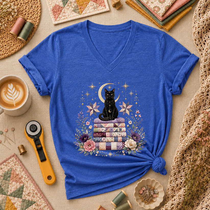 Celestial Black Cat On Quilt Stack Moon Women's V-Neck - Heather True Royal