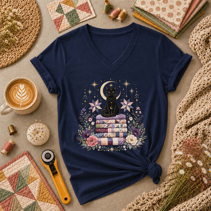 Celestial Black Cat On Quilt Stack Moon Women's V-Neck - Navy