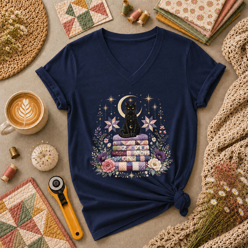 Celestial Black Cat On Quilt Stack Moon Women's V-Neck - Navy
