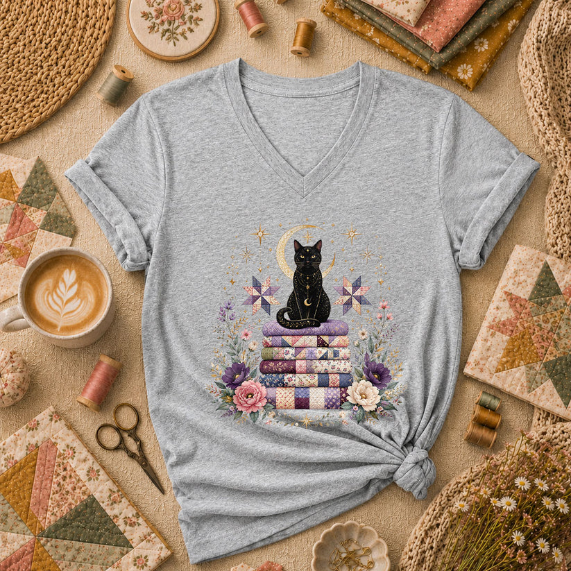 Celestial Black Cat On Quilt Stack Moon Women's V-Neck - Sport Grey