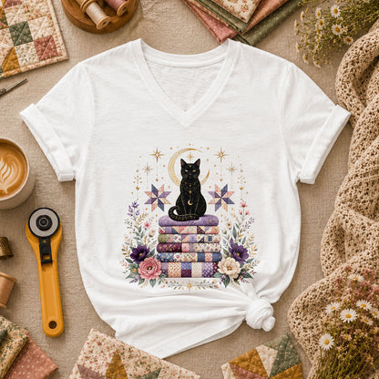 Celestial Black Cat On Quilt Stack Moon Women's V-Neck - White