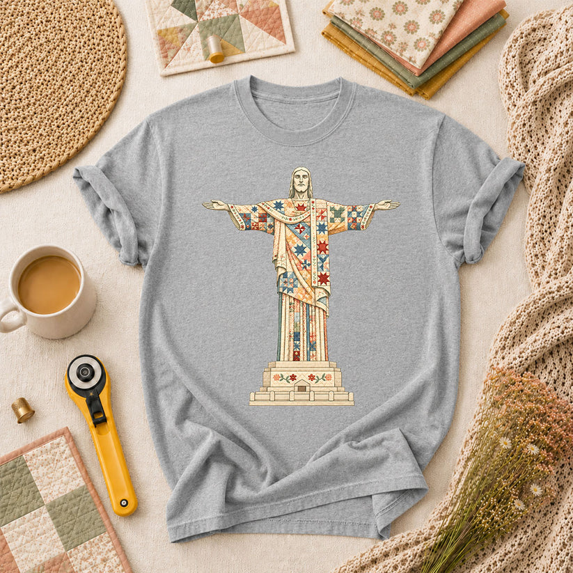 Christ The Redeemer Quilted Statue T-Shirt - Athletic Heather
