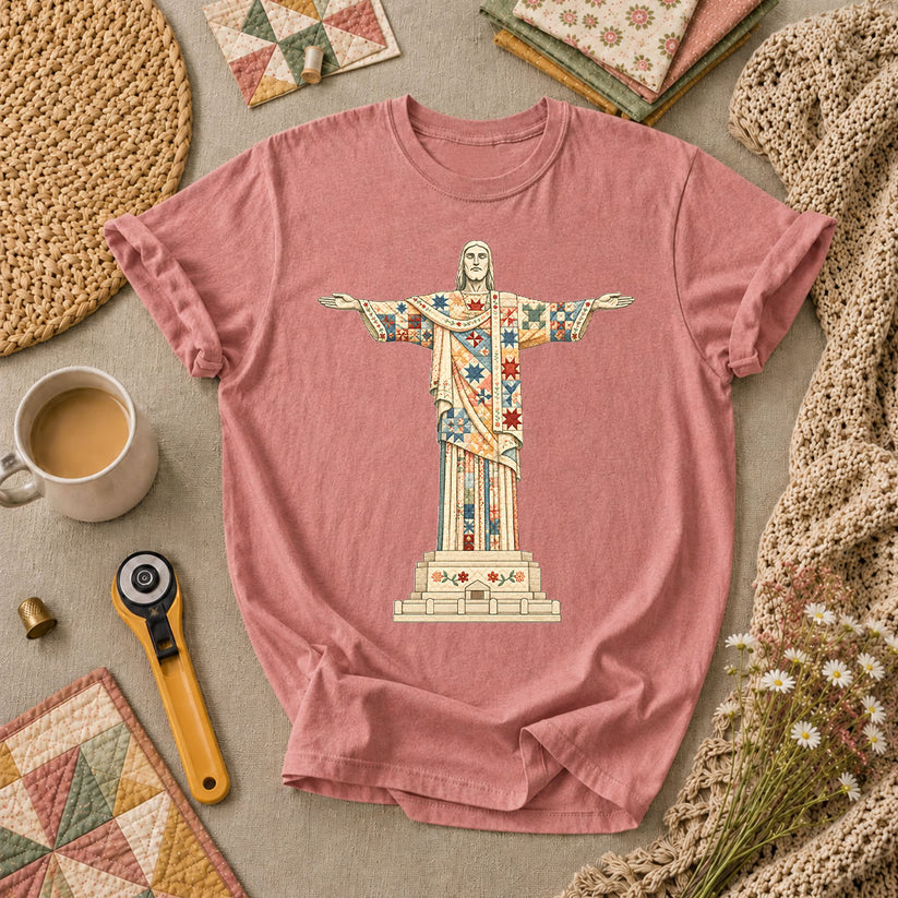 Christ The Redeemer Quilted Statue T-Shirt - Heather Mauve