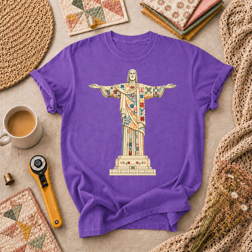 Christ The Redeemer Quilted Statue T-Shirt - Heather Team Purple