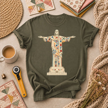 Christ The Redeemer Quilted Statue T-Shirt - Military Green