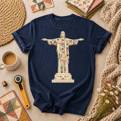 Christ The Redeemer Quilted Statue T-Shirt - Navy