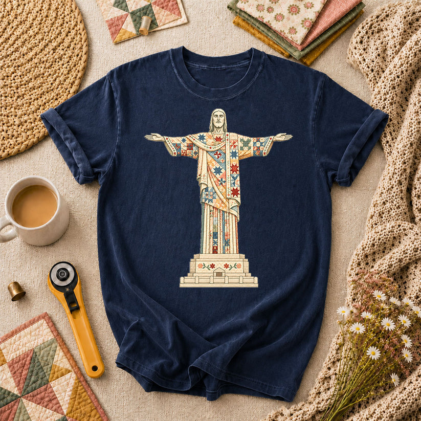 Christ The Redeemer Quilted Statue T-Shirt - Navy