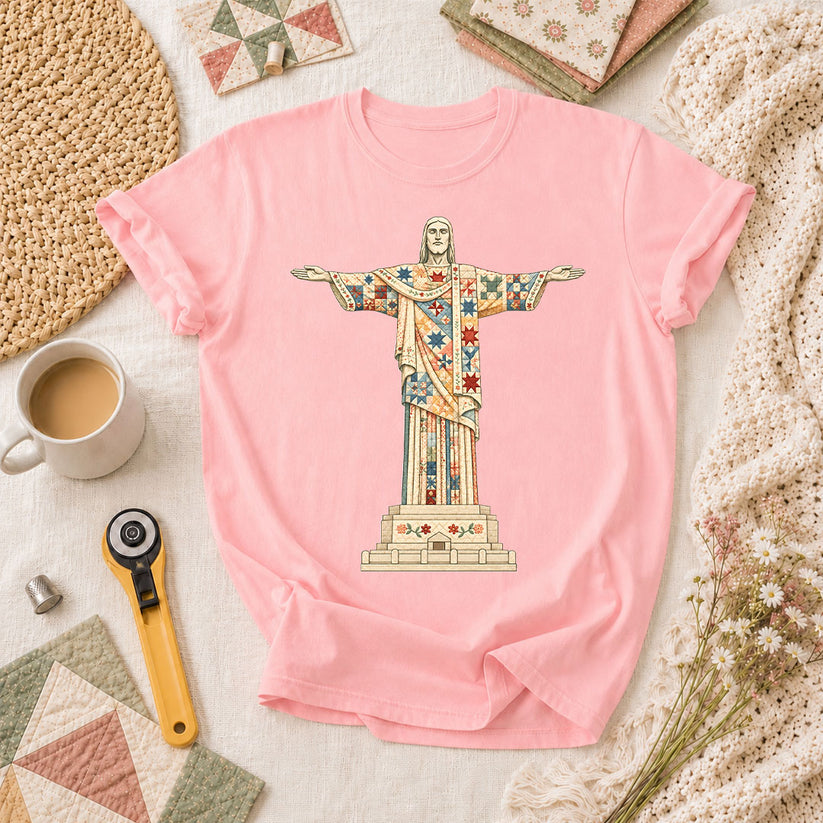 Christ The Redeemer Quilted Statue T-Shirt - Pink