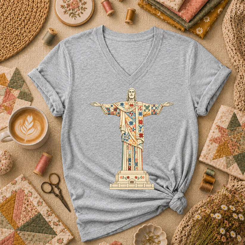 Christ The Redeemer Quilted Statue Women's V-Neck - Athletic Heather