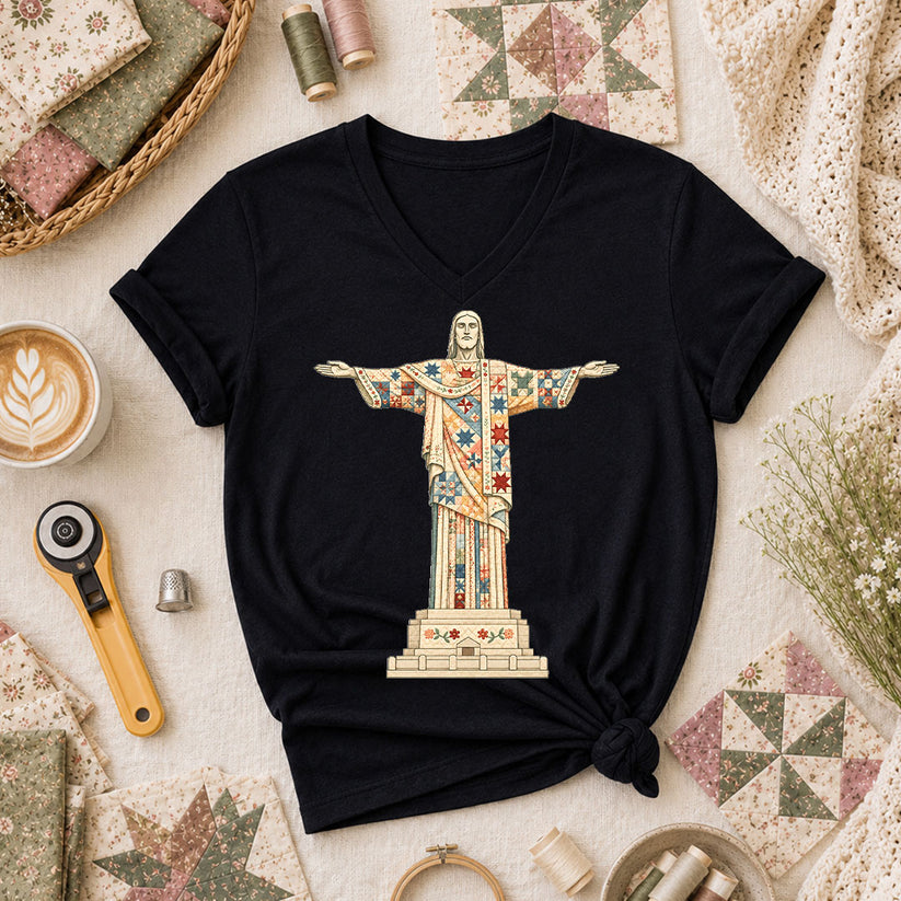 Christ The Redeemer Quilted Statue Women's V-Neck - Black